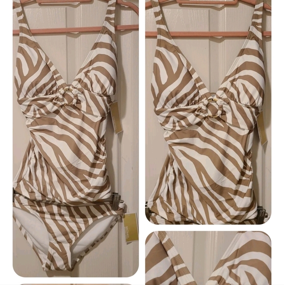 Michael Kors Other - 2 PC MICHAEL KORS MK WHITE TAN ZEBRA ANIMAL PRINT LOGO TANKINI BIKINI NWT
